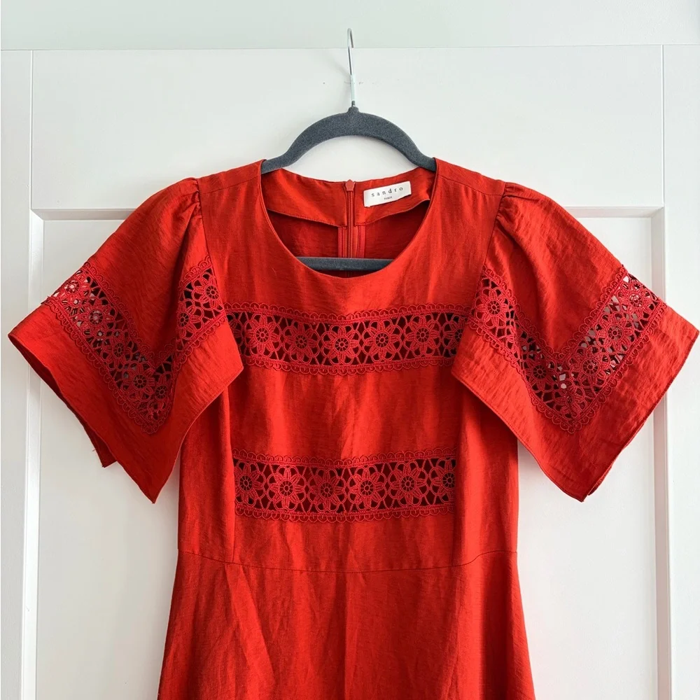 NWOT Sandro Red Midi Dress with Lace Accents size EU34 - Picture 6 of 10